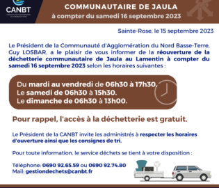 Réouverture de la Déchétterie communautaire de Jaula le samedi 16 septembre 2023