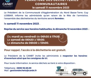 Fermeture des dechetteries communautaires - Samedi 11 novembre  2023